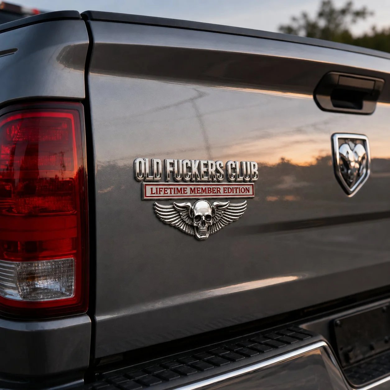 Rugged OLD F*CKERS CLUB metal vehicle badge designed for everyday automotive styling