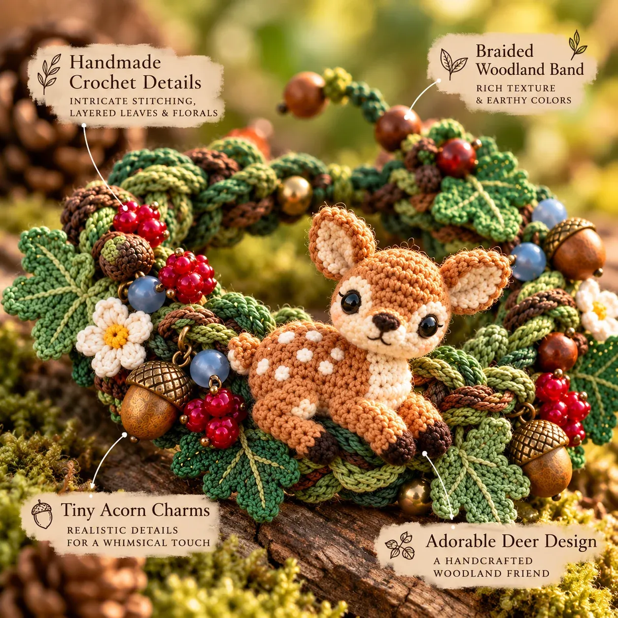 Woodland bracelet crochet texture leaves acorns berries and deer details