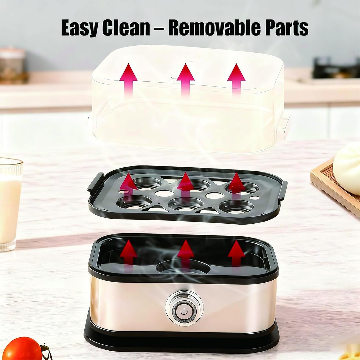 Removable egg cooker cover and tray lifted for cleanup