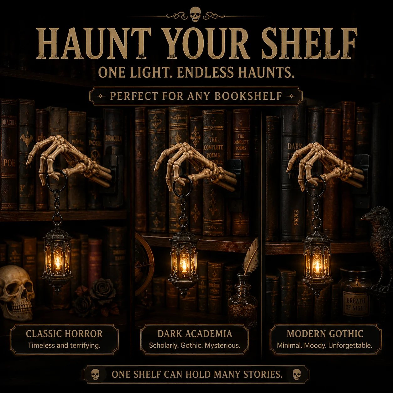 Skeleton Hand Lantern Shelf Light in classic horror dark academia and modern gothic decor