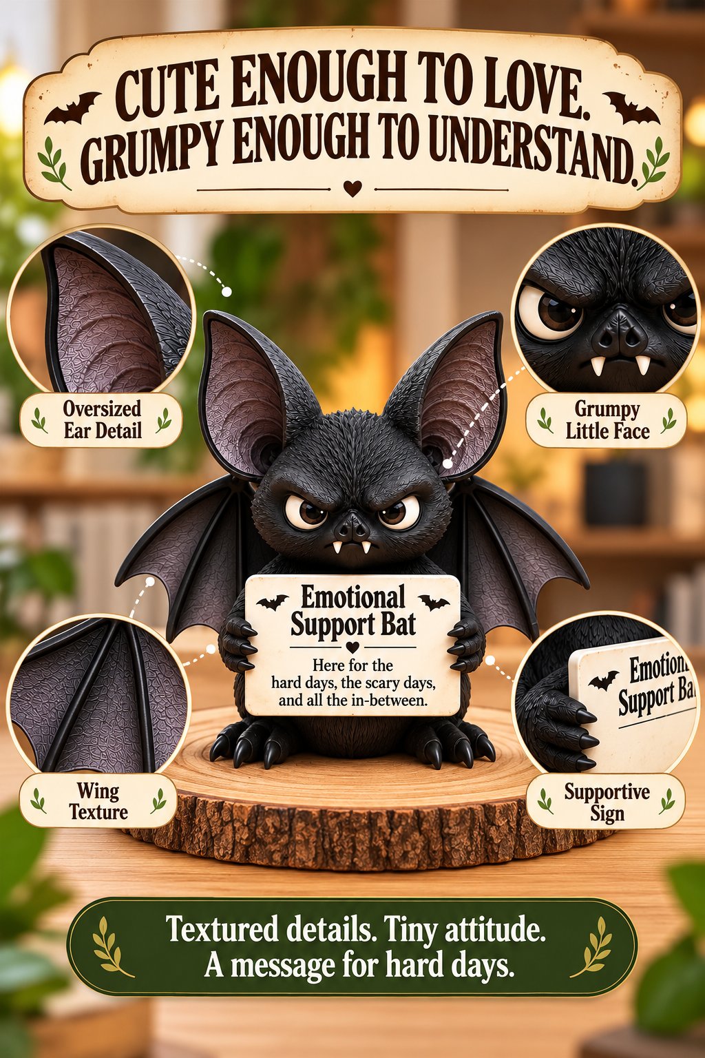 Bat detail image showing its ears, grumpy expression, textured wings, and supportive sign