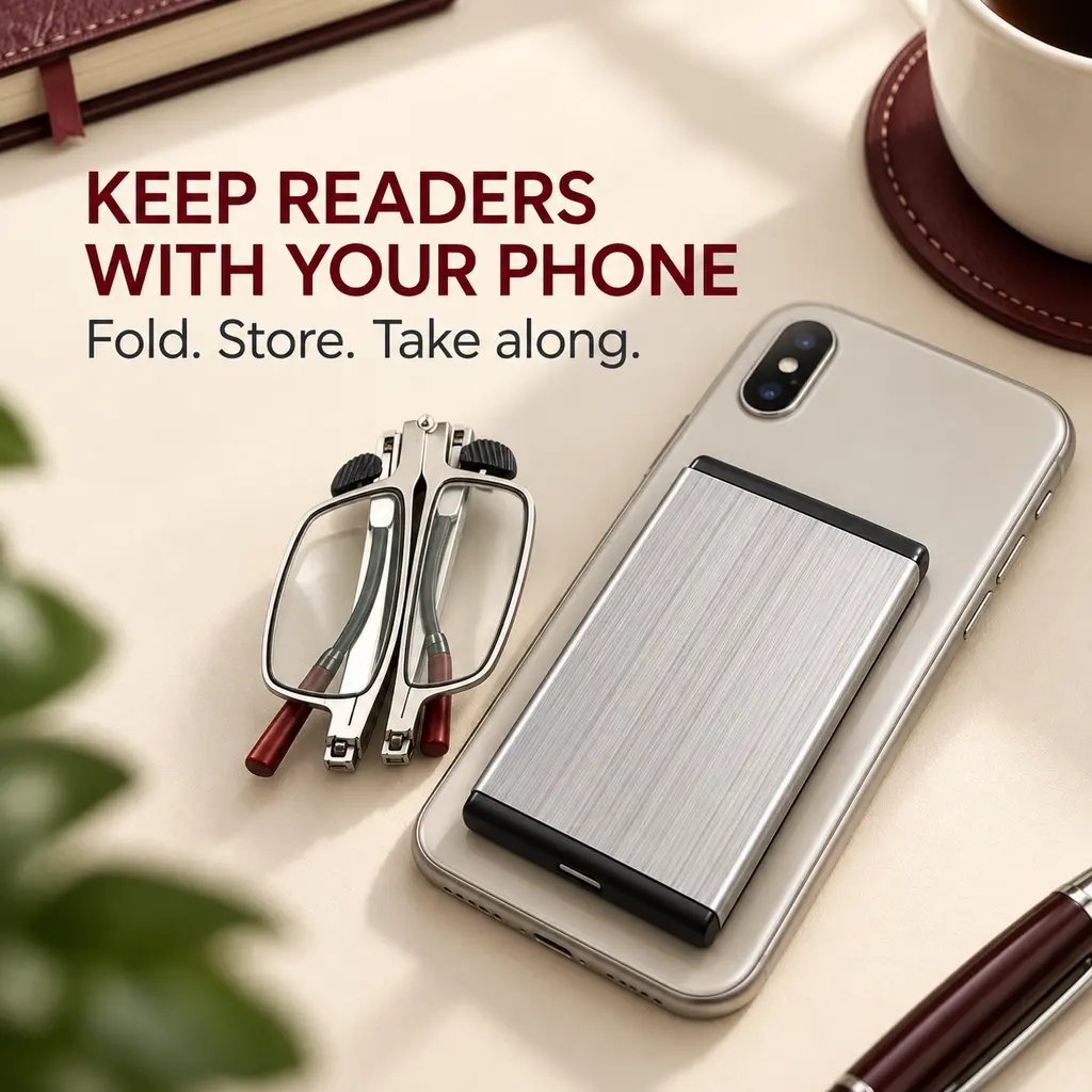 Compact reading-glasses case attached to the back of a phone