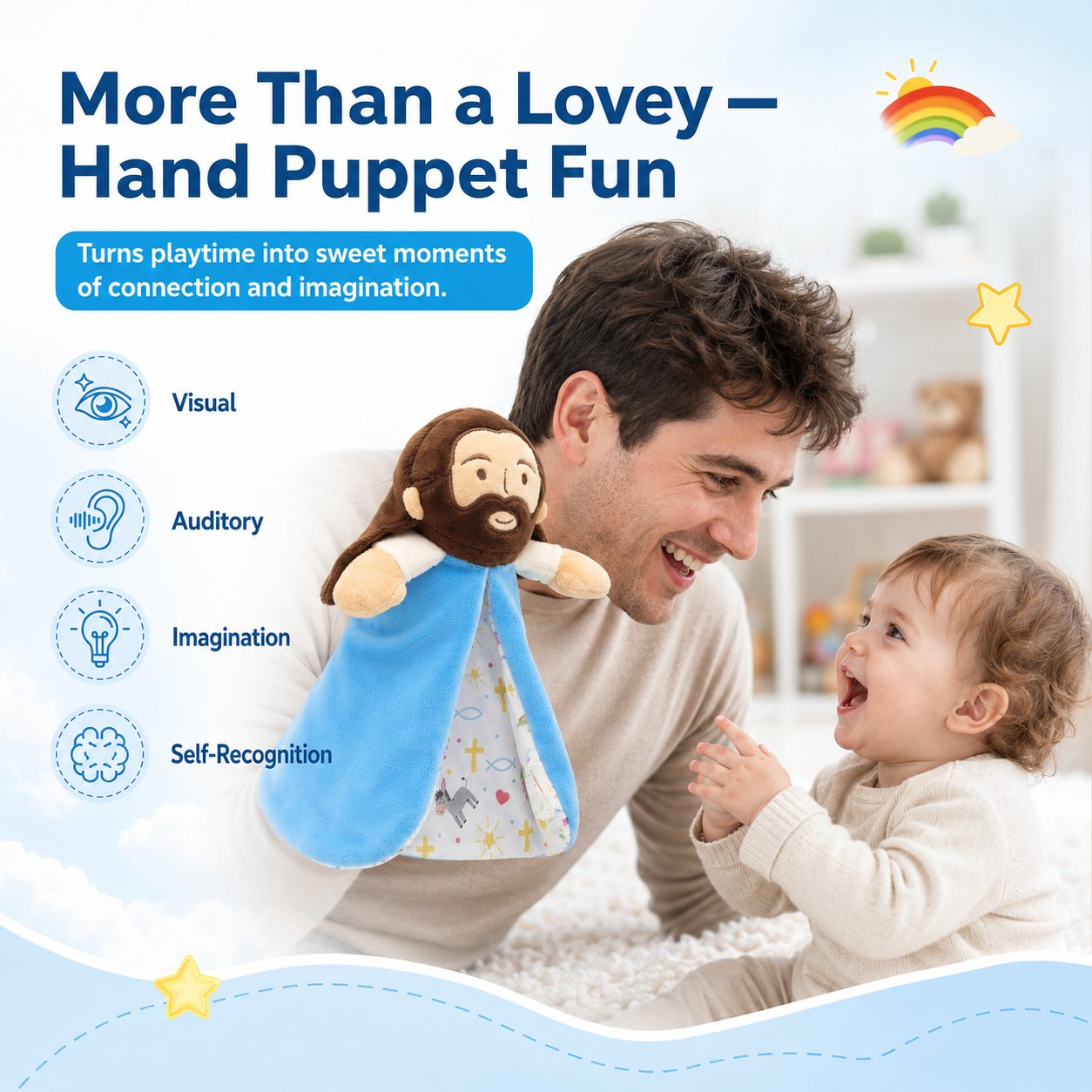 Jesus baby lovey being used as a hand puppet