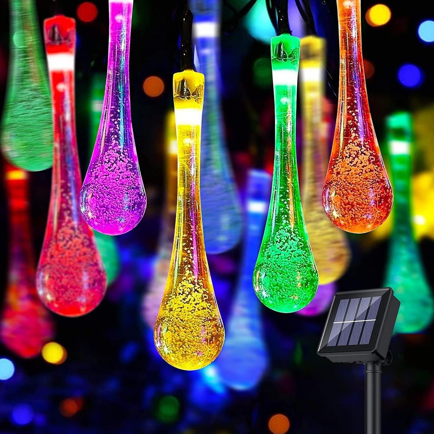 Close view of clear multicolor bubble teardrop lights and the separate solar panel