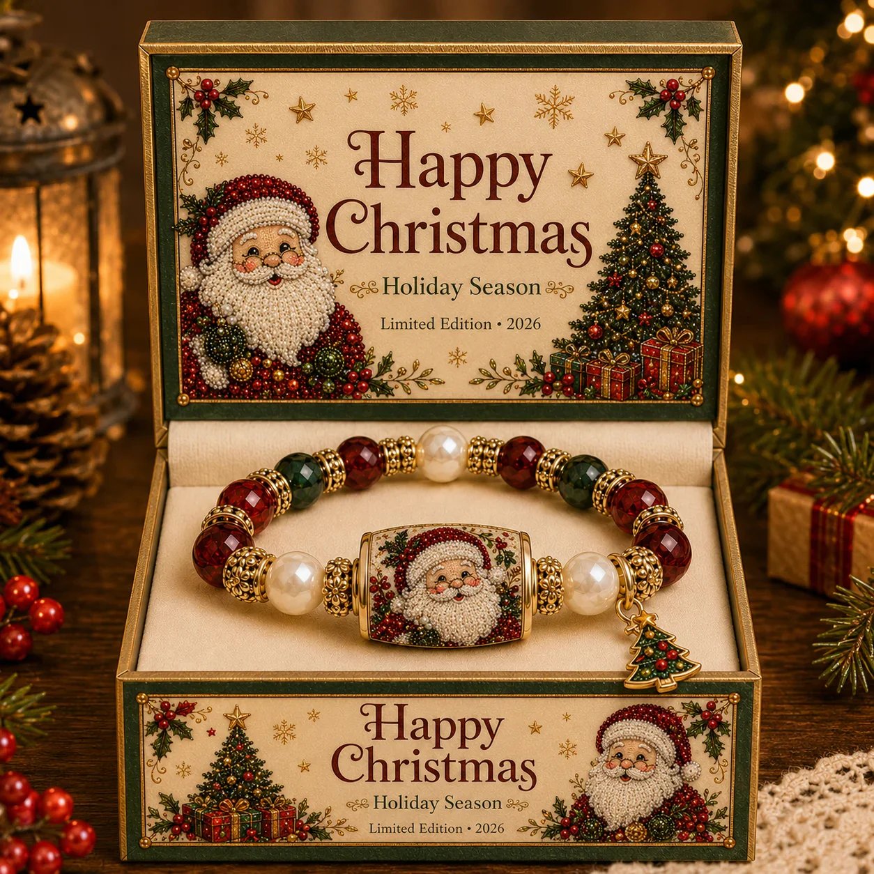 Pearl Santa Christmas bracelet in festive presentation