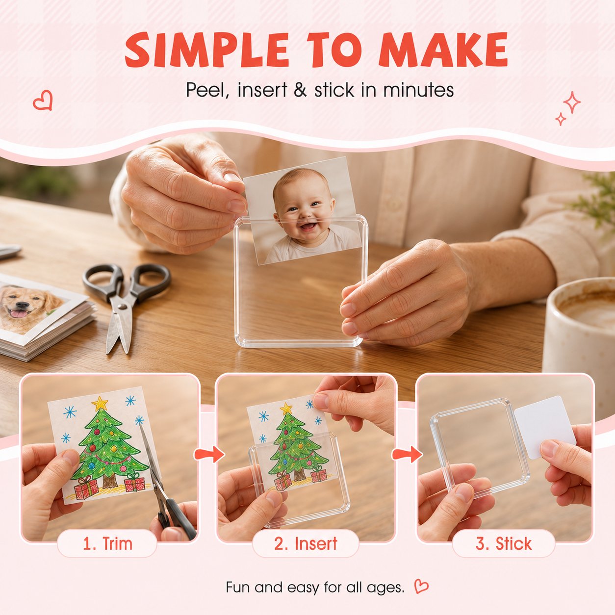 Three-step DIY photo fridge magnet assembly