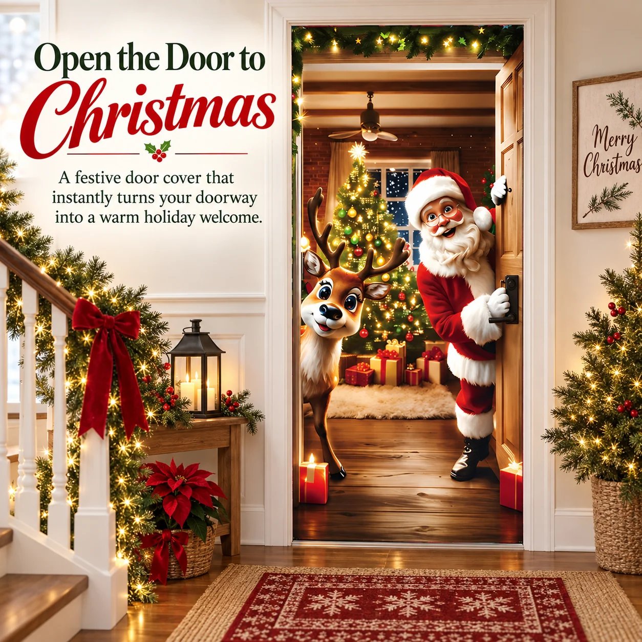 Santa and reindeer Christmas door cover displayed in a festive entryway