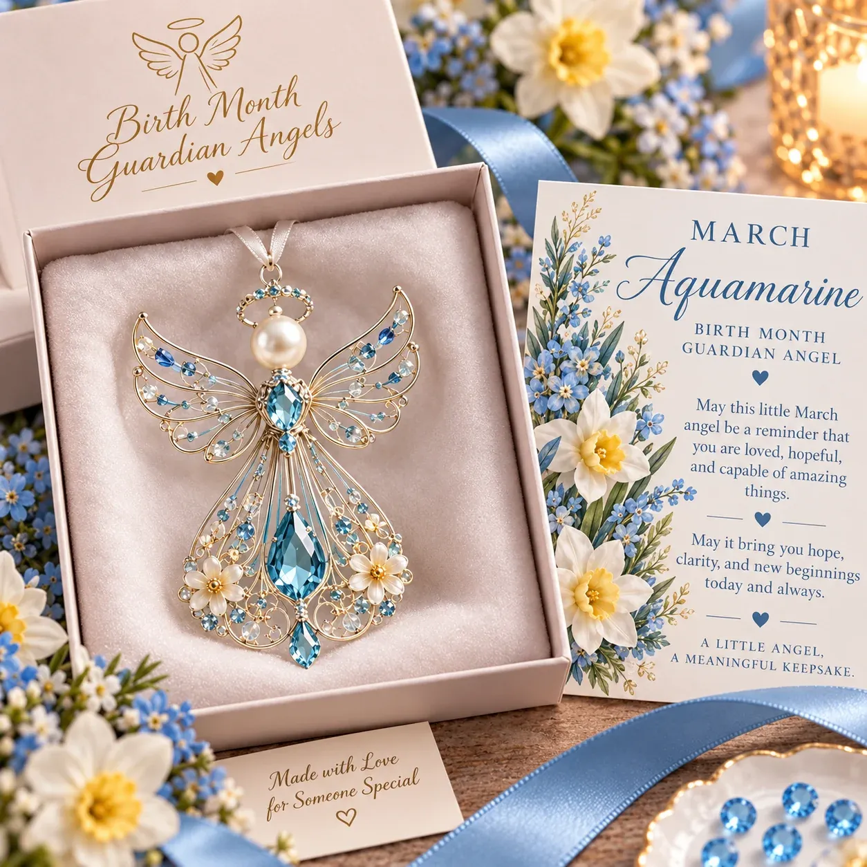 March guardian angel with aquamarine blue-inspired accents