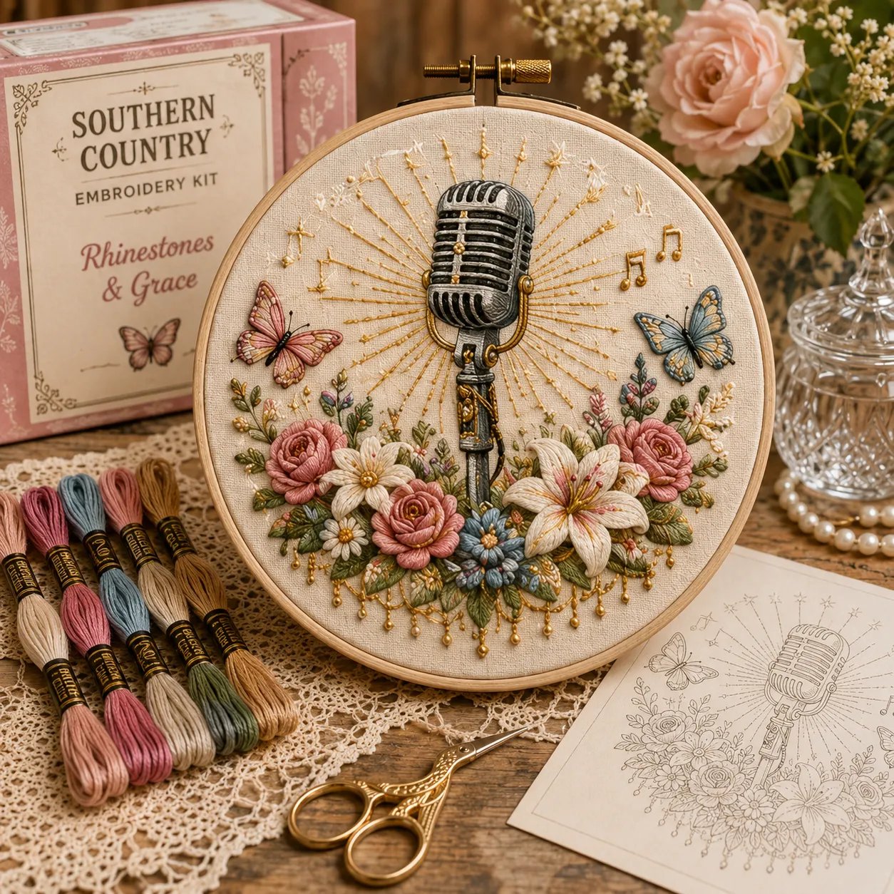 Rhinestones and Grace vintage microphone embroidery kit design