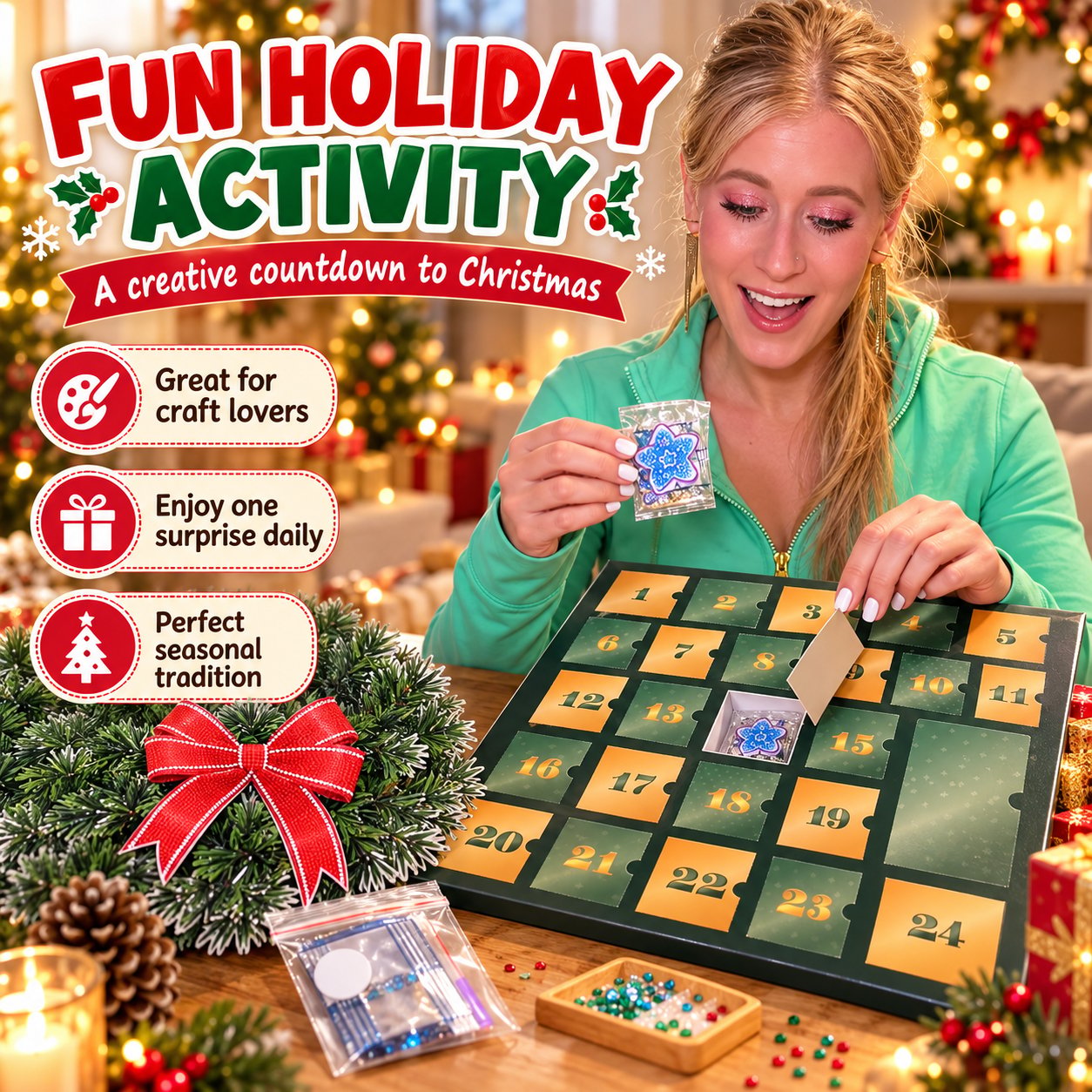 Crafter opening the diamond art advent calendar beside the Christmas wreath and craft supplies