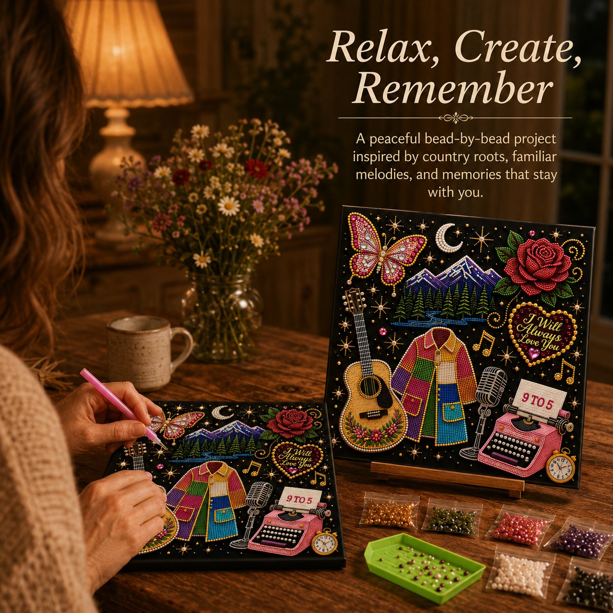 Country music inspired DIY bead art kit being made at a cozy craft table