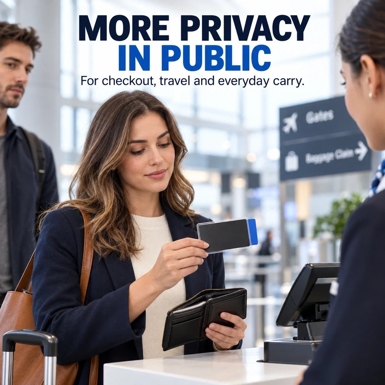 Traveler using a privacy card sleeve at a public checkout counter Traveler using a privacy card sleeve at a public checkout counter