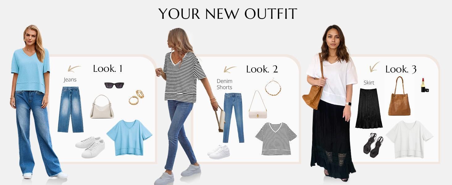 Imily Bela Womens Summer V Neck T Shirts Casual Short Sleeve Flowy Tops Cute Loose Fit Basic Tees Summervibes