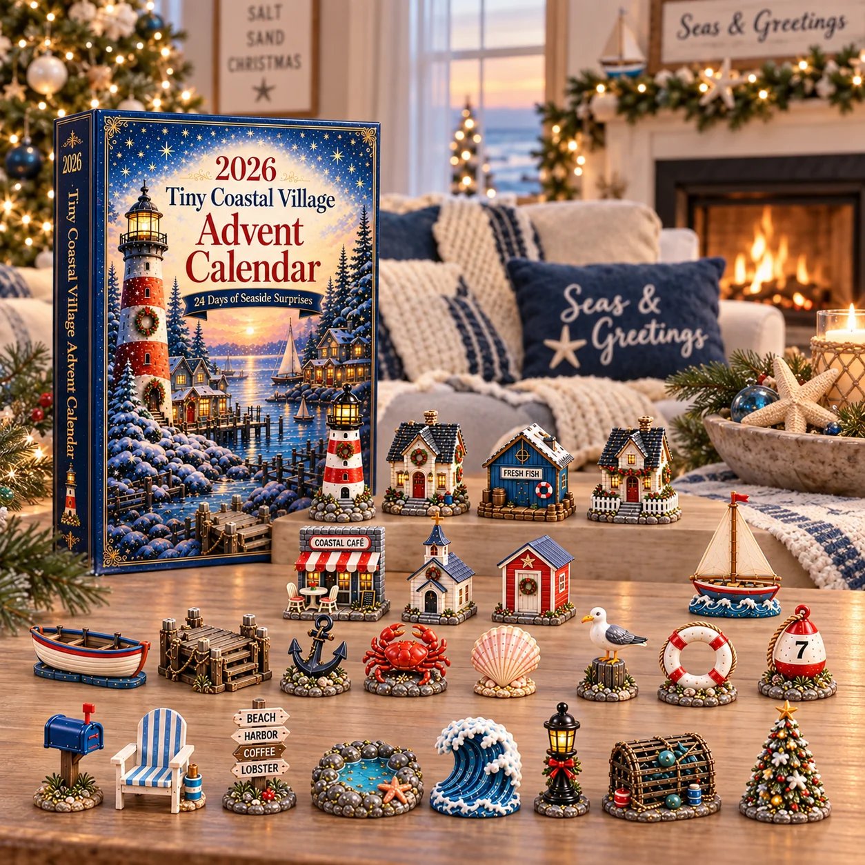Coastal calendar and collection arranged in a cozy Christmas living room