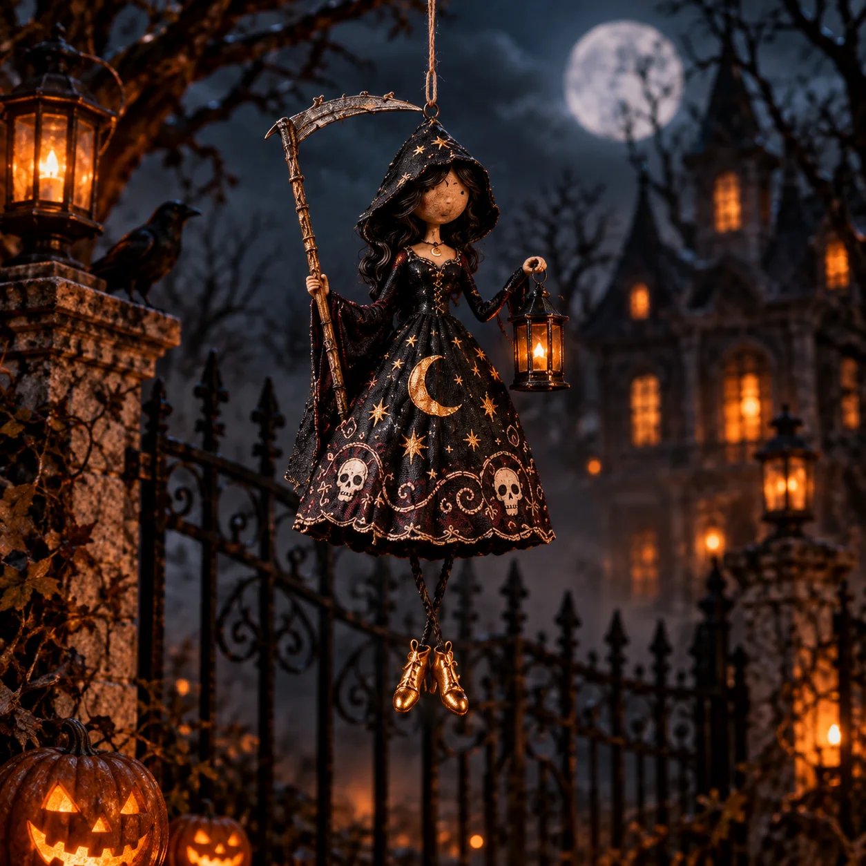 Reaper Lady at night Halloween display