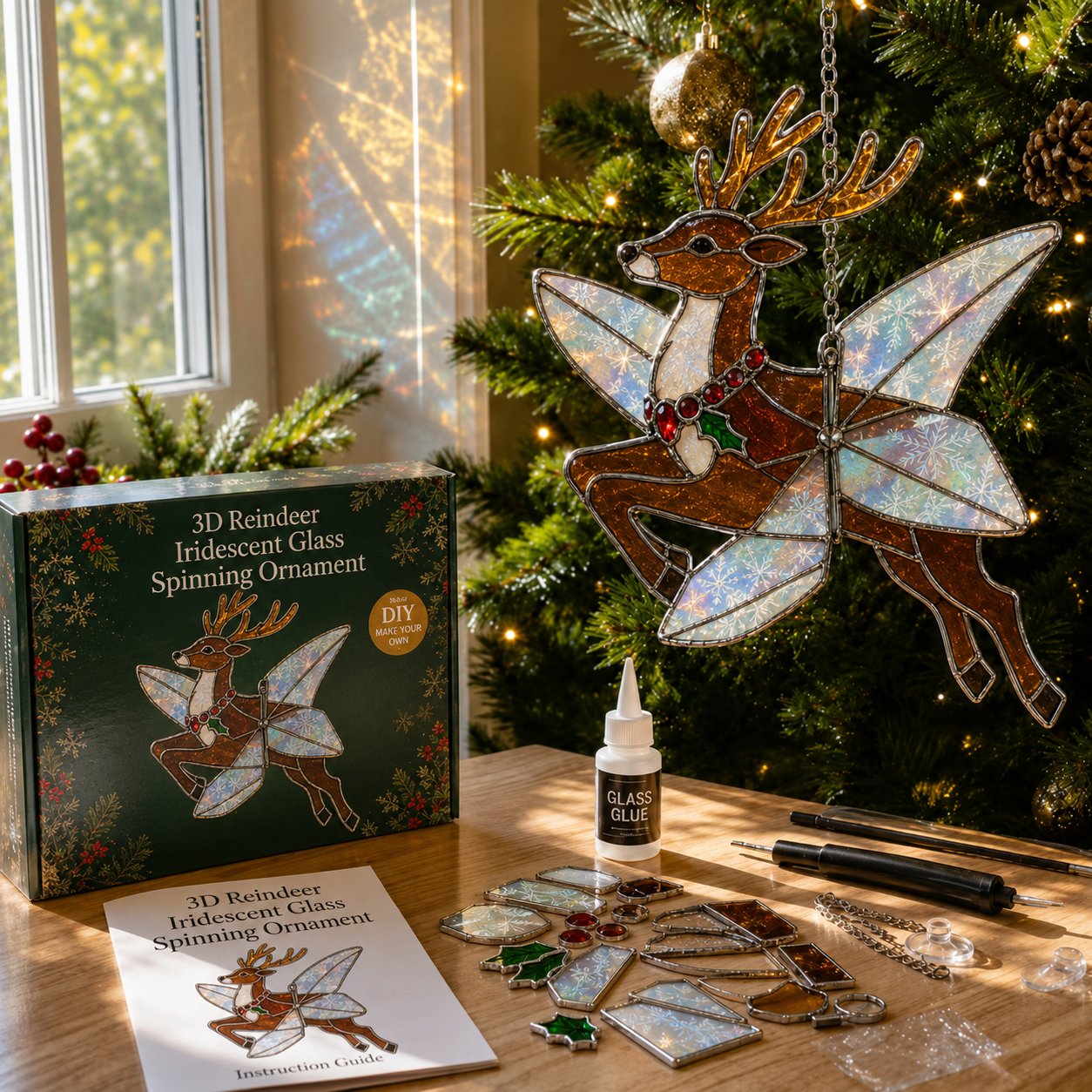 Christmas Reindeer iridescent glass spinning ornament kit