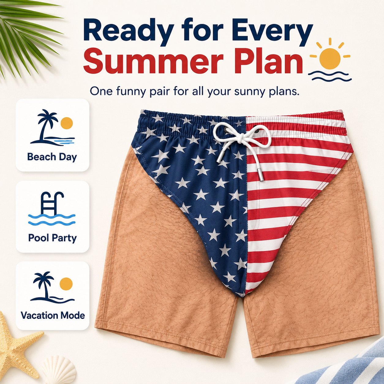 Funny men's patriotic swim trunks lifestyle image