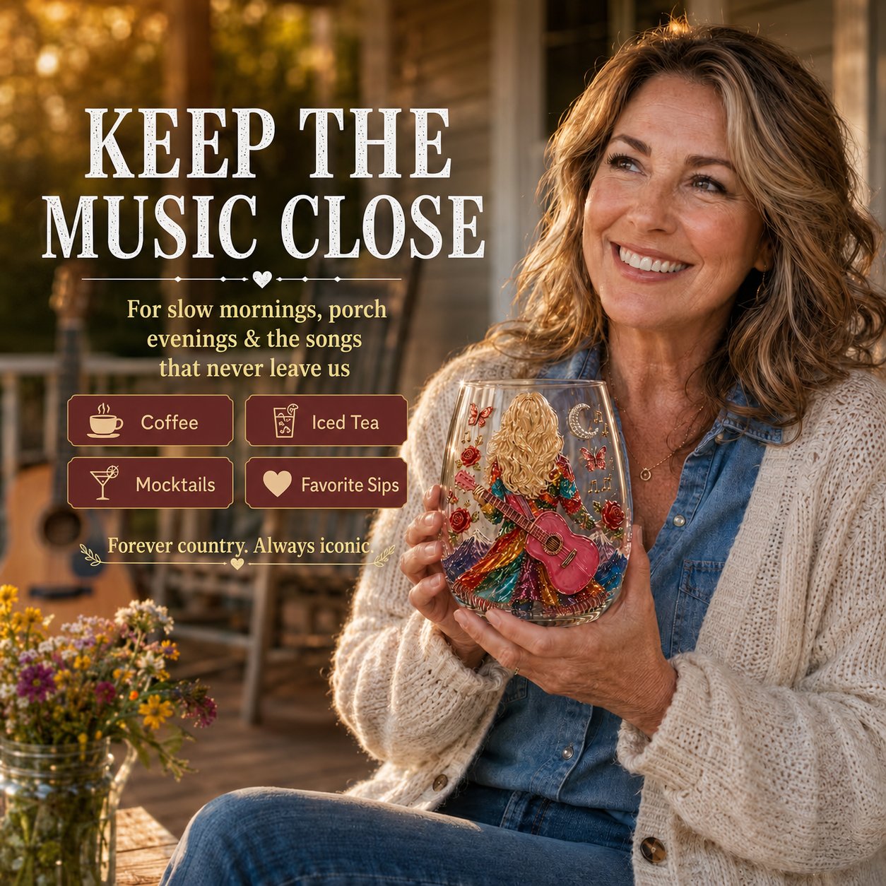 Country music fan enjoying a raised country design glass on the porch