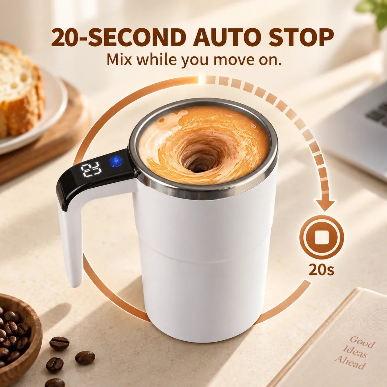 Self-stirring mug completing a 20-second automatic mixing cycle