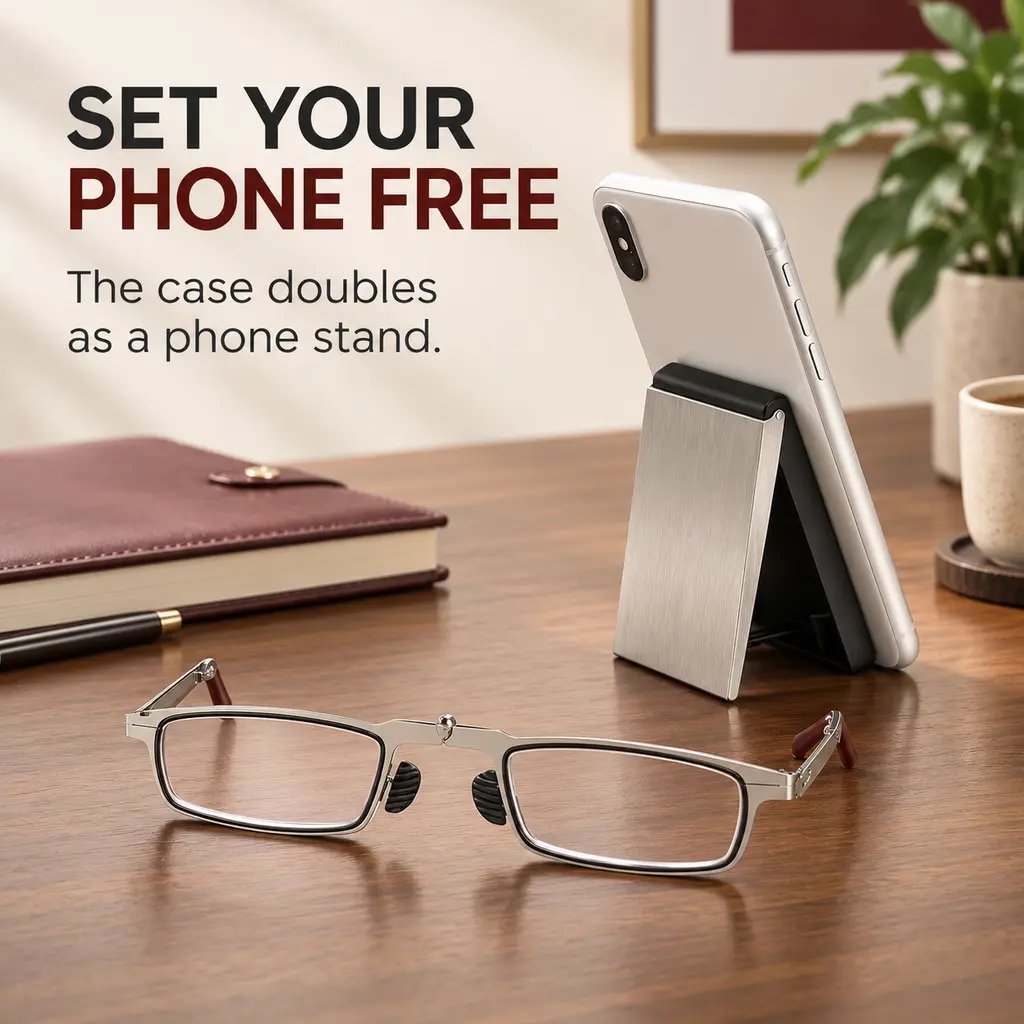 Silver case opened as a triangular stand supporting a phone