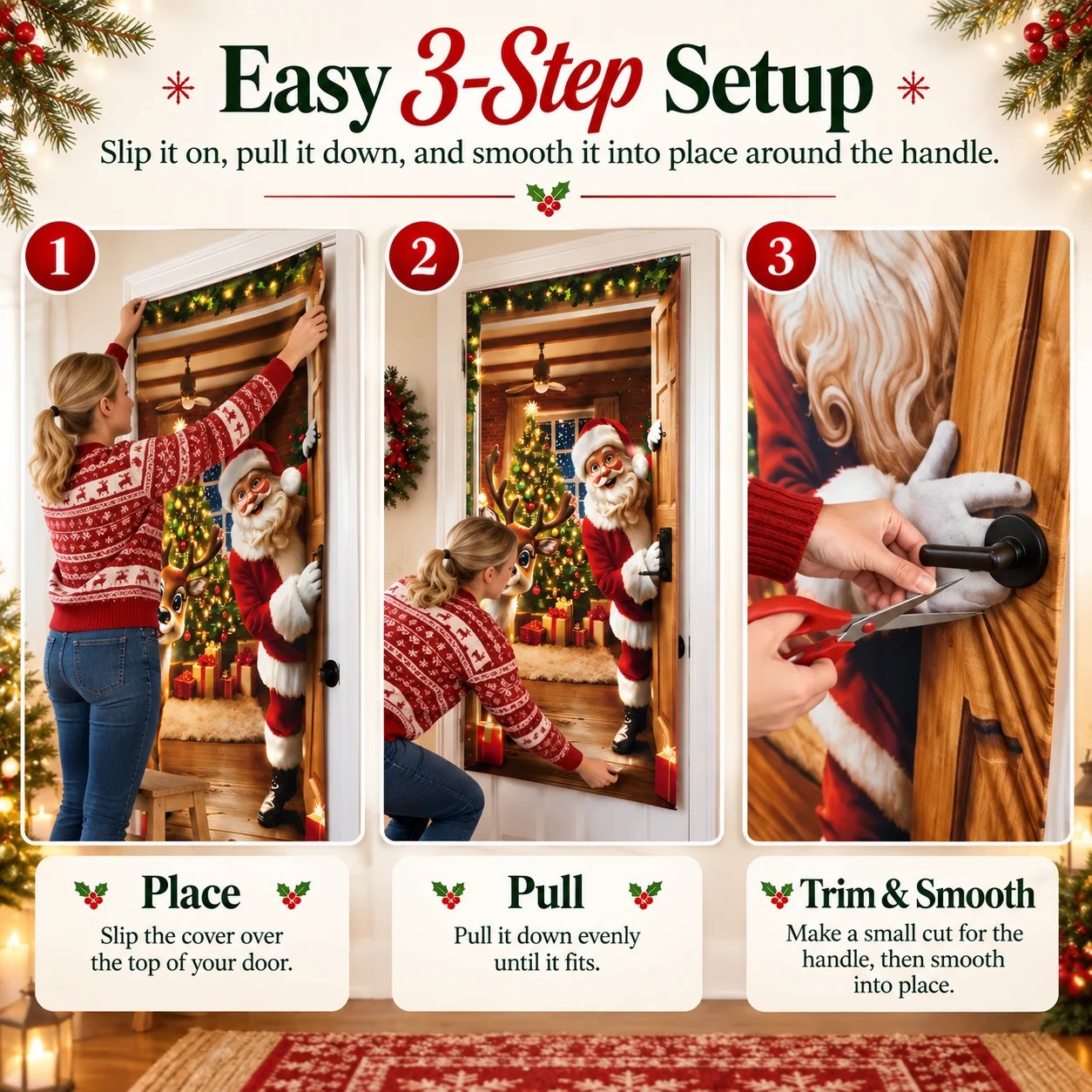 Close-up view of the printed Christmas door cover and flexible edge detail Close-up view of the printed Christmas door cover and flexible edge detail