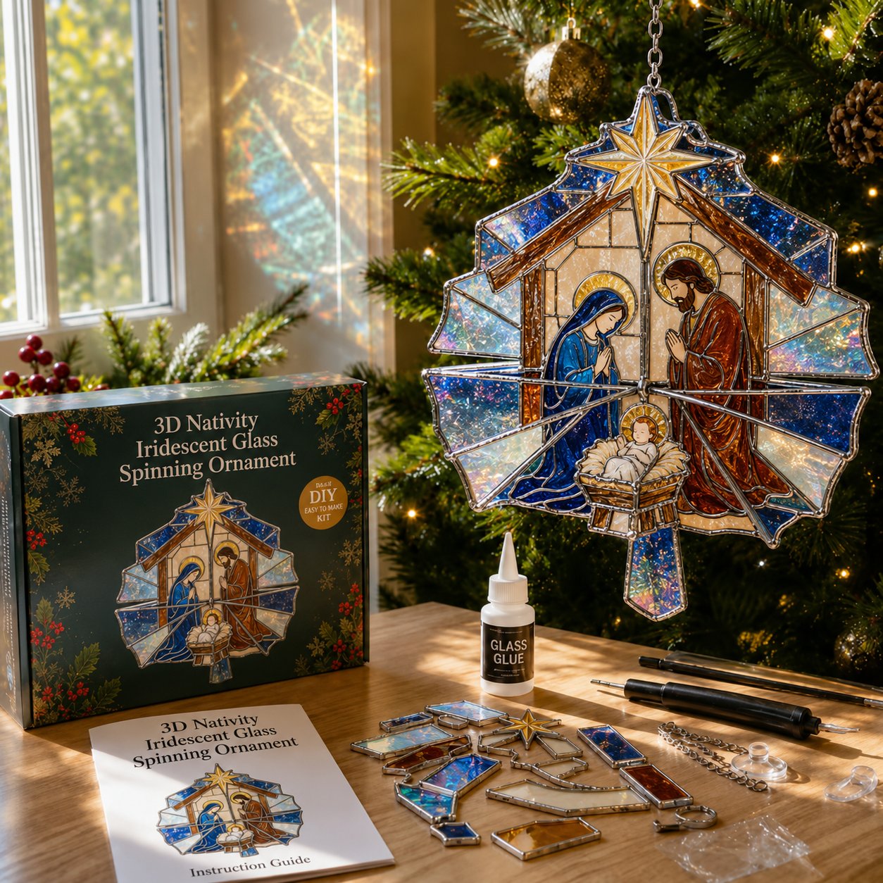 Nativity Holy Family iridescent glass spinning ornament kit