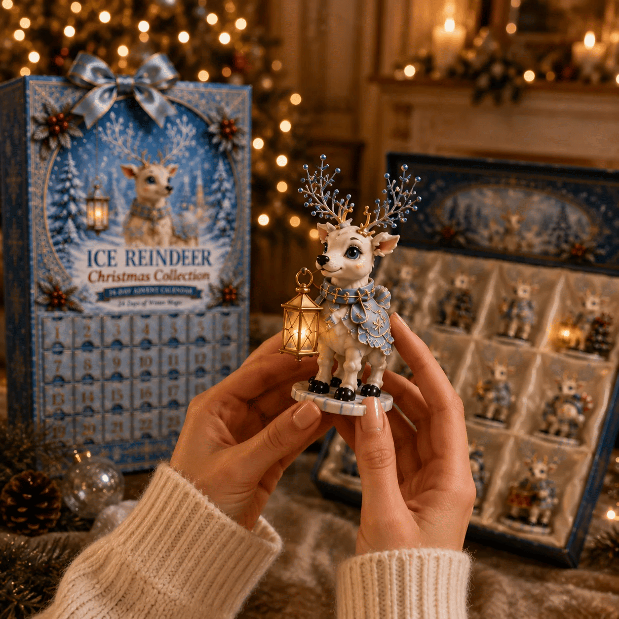 Winter blue reindeer ornament details