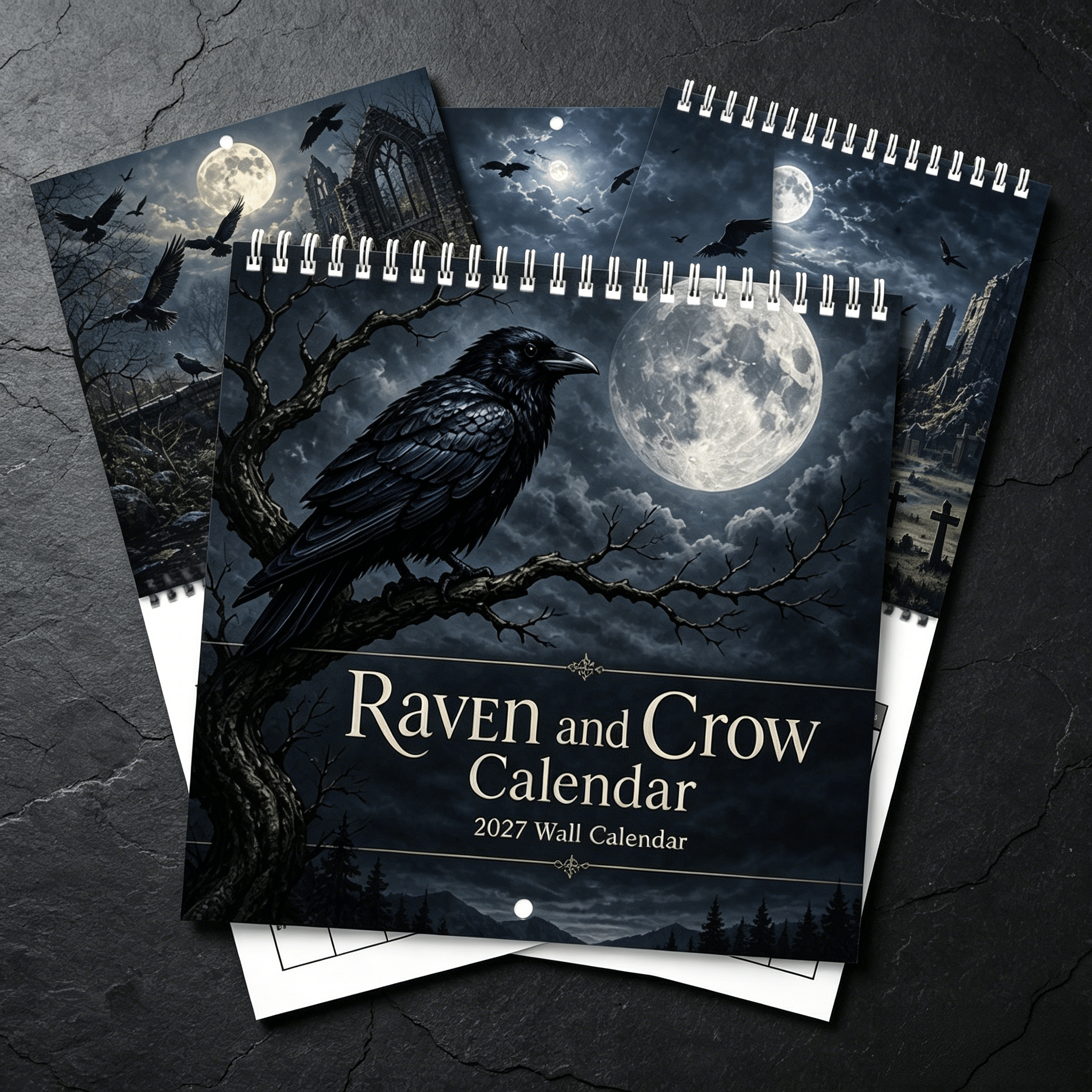 Raven and Crow calendar cover with a selection of moonlit interior artwork
