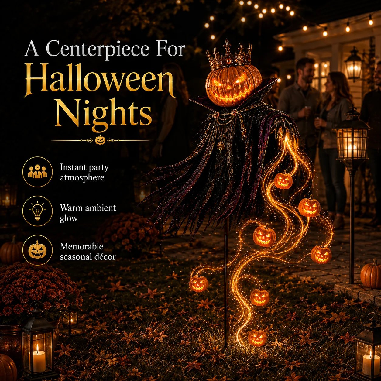 Pumpkin King Halloween outdoor centerpiece glowing at night