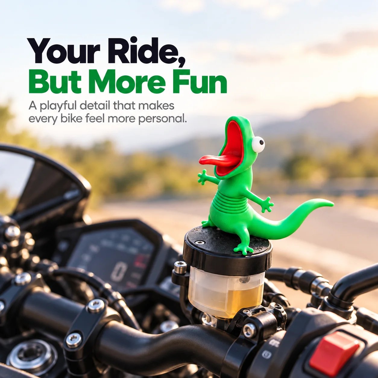 Lizard ornament adding personality to motorcycle cockpit