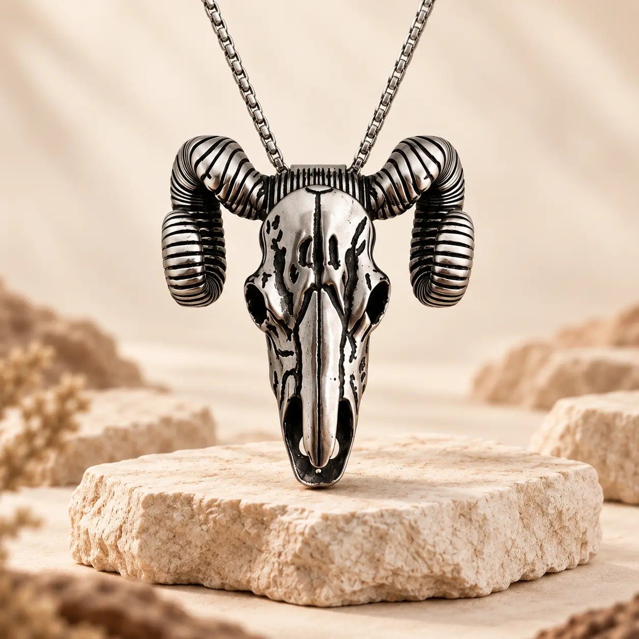 Silver Ram Skull western pendant