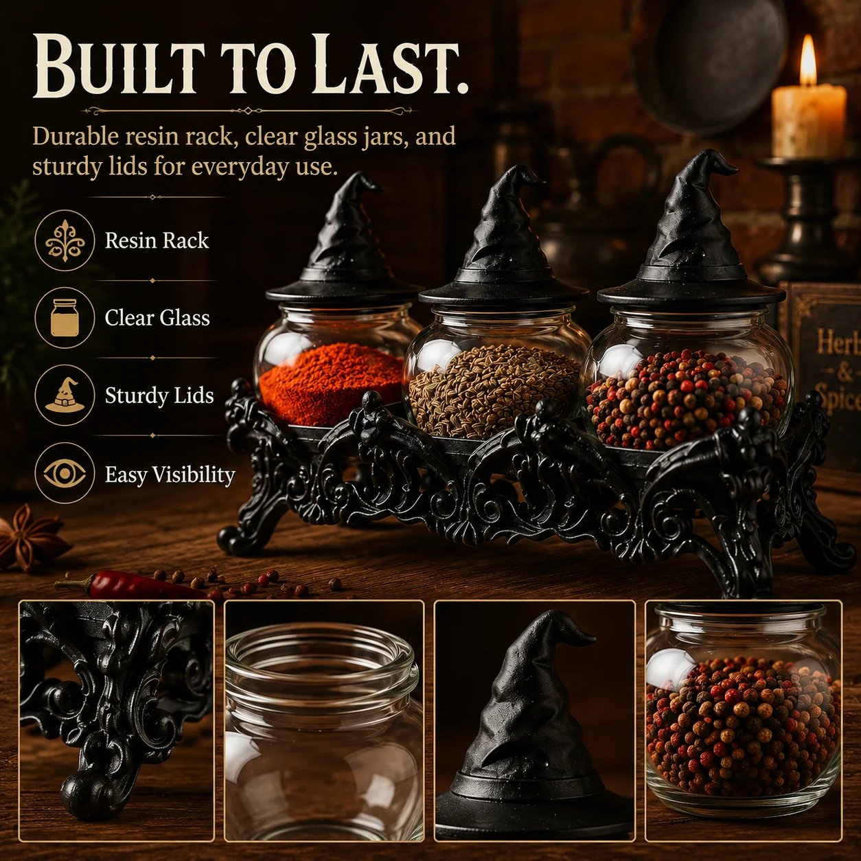 Close-up of ornate resin rack and sculpted witch-hat lids