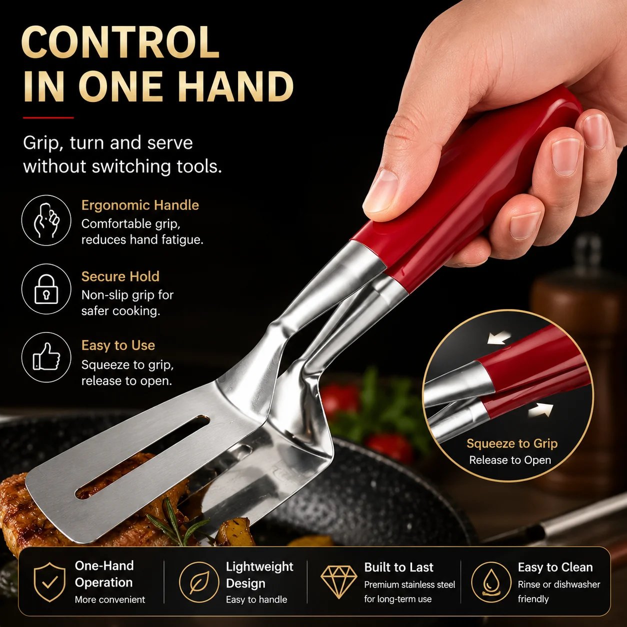Hand using the red integrated handle of the spatula tongs