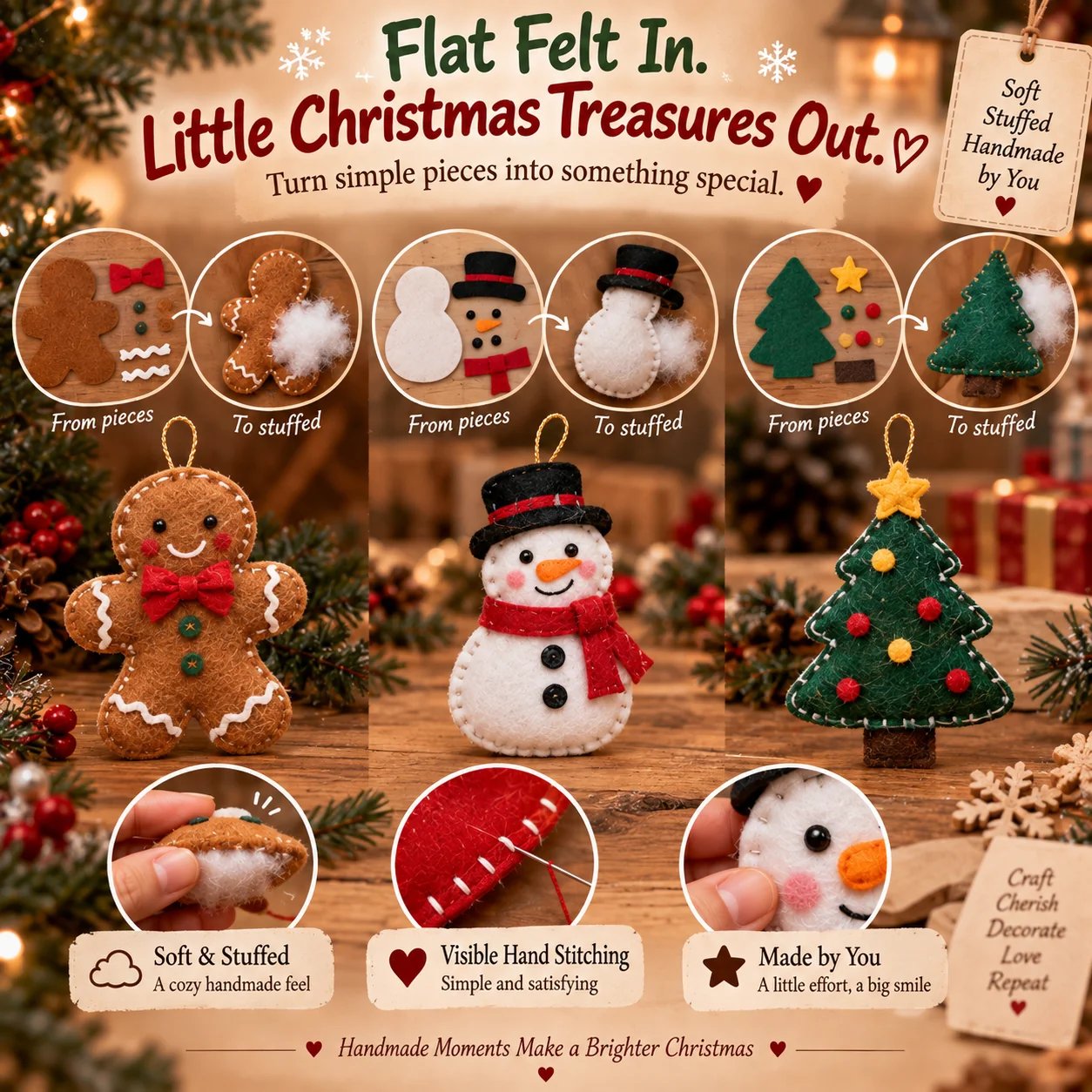 Soft stuffed felt Christmas ornament close-up