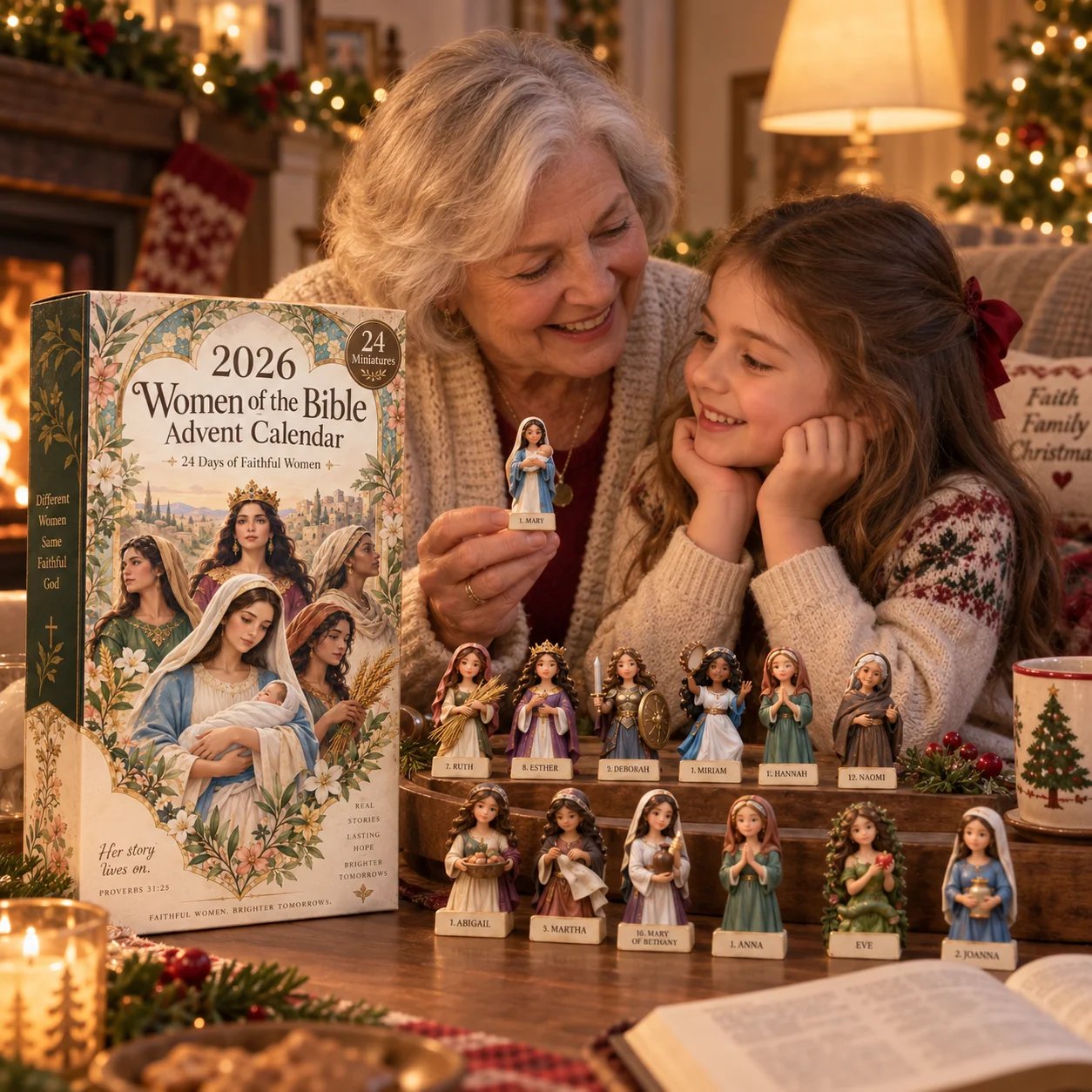 Grandmother and granddaughter enjoying Women of the Bible Advent Calendar