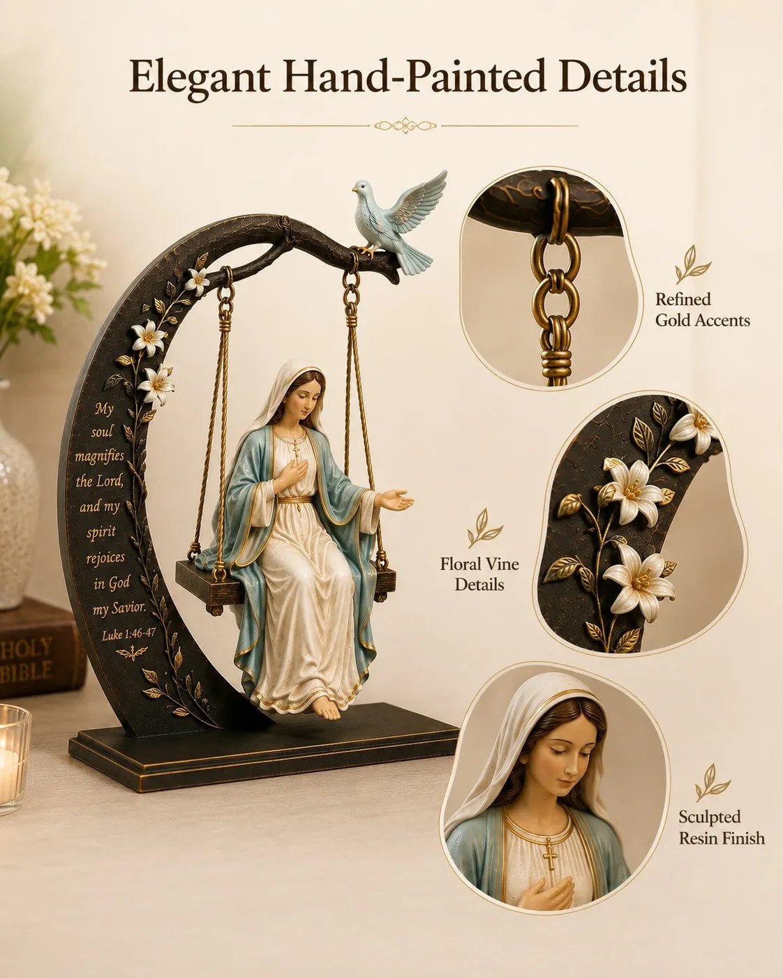 Scripture detail on Blessed Virgin Mary religious statue