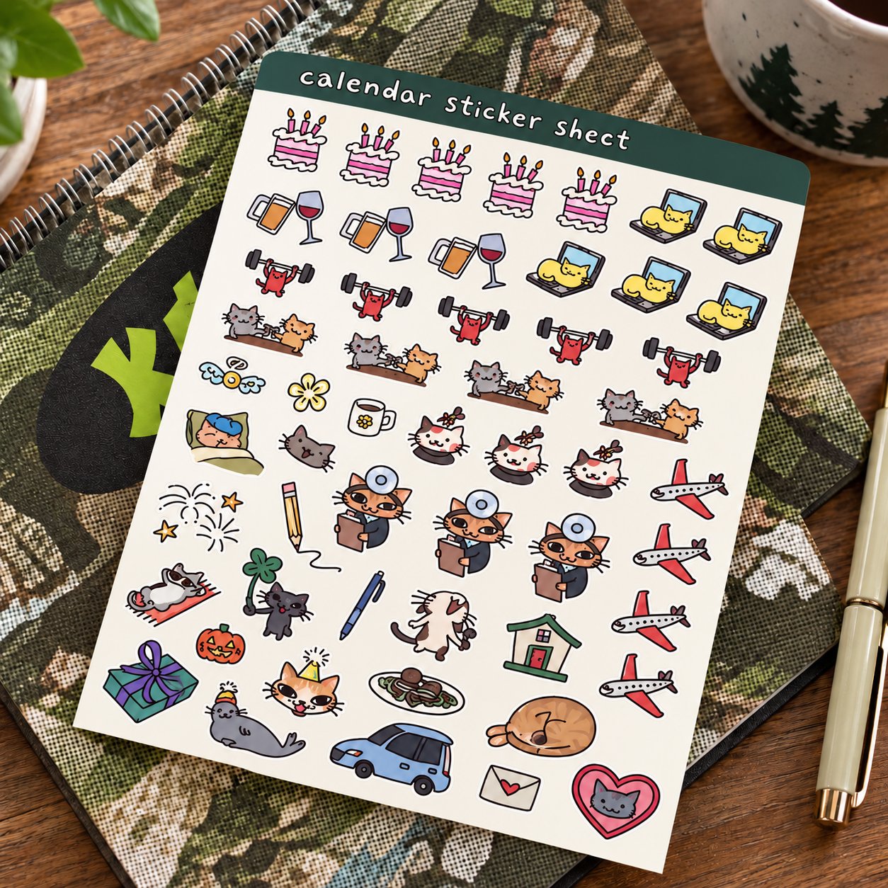 Cat-themed calendar sticker sheet