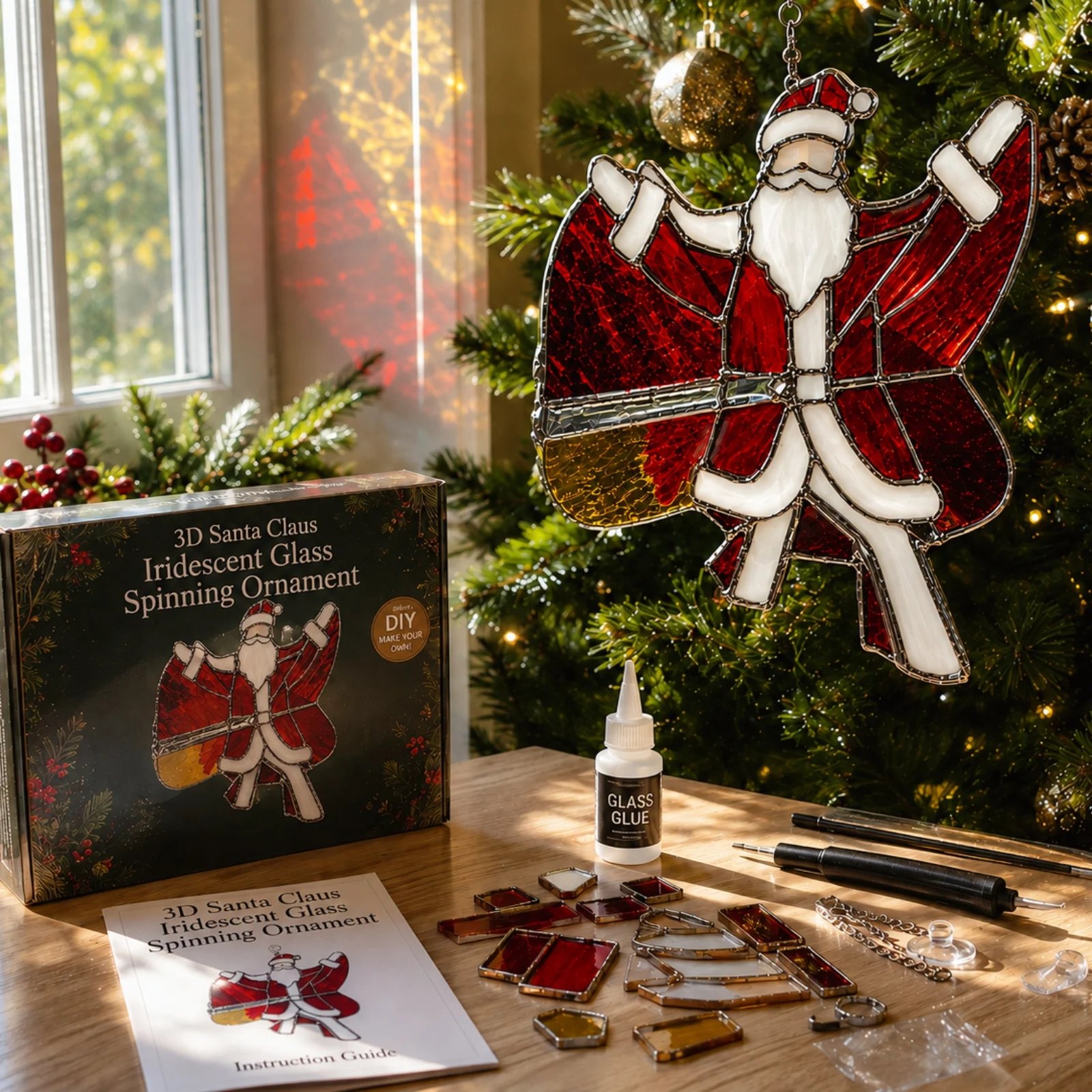 Santa Claus iridescent glass spinning ornament kit