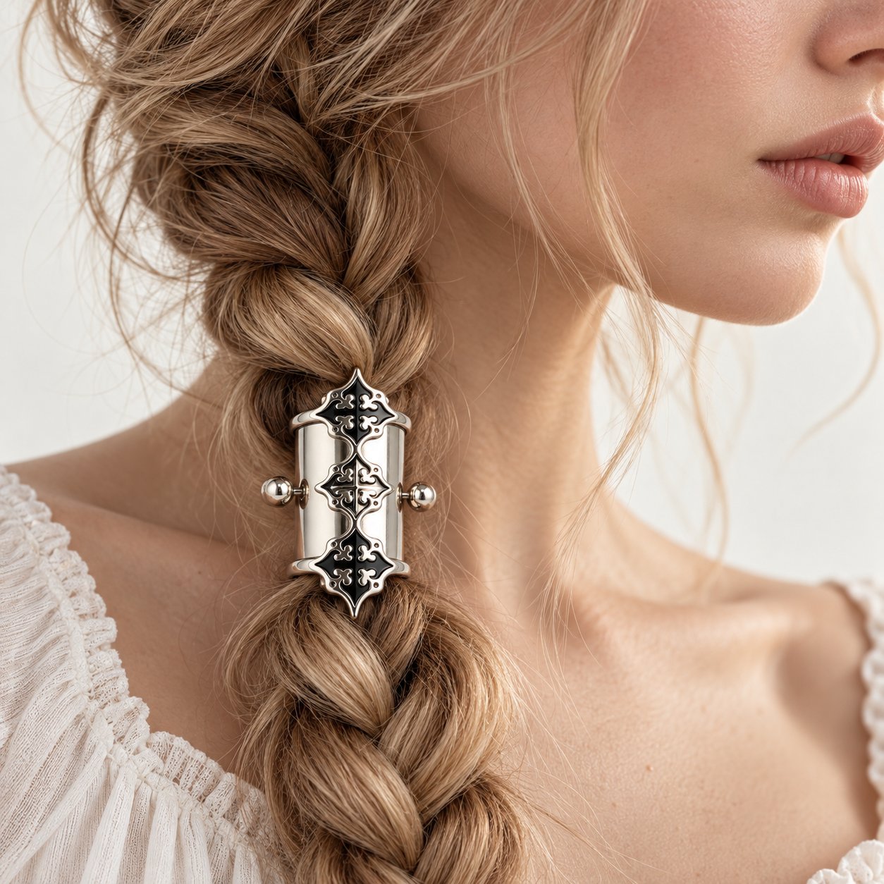 White bronze hair cuffs showing their shape and braid styling possibilities
