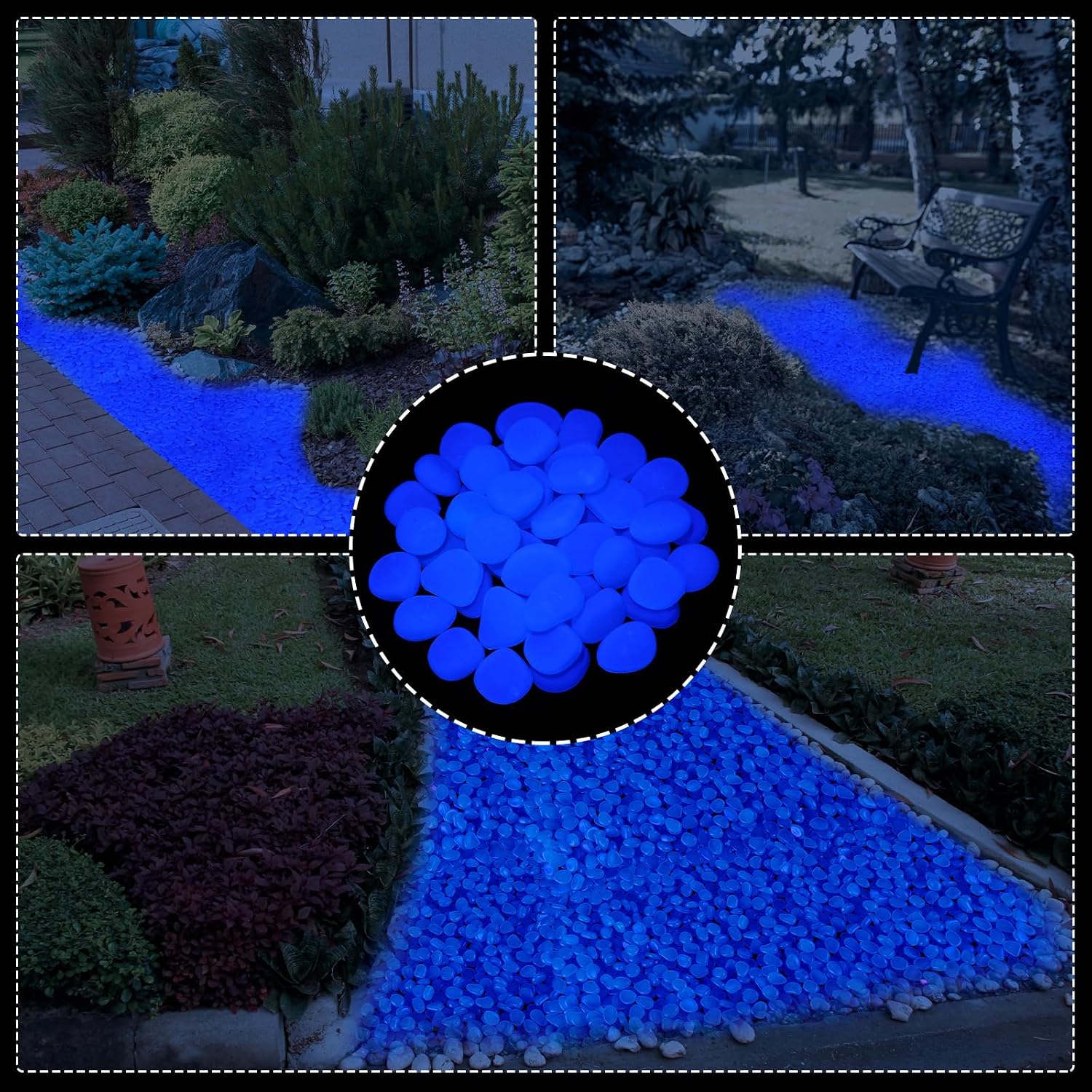 Deep blue glow pebbles decorating garden paths