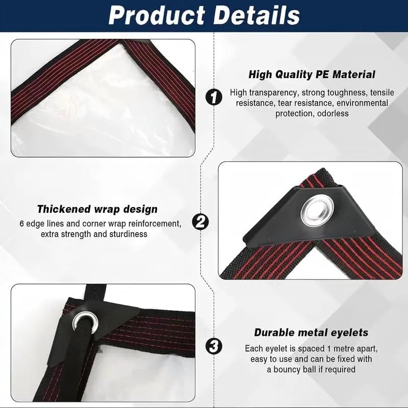 Folded clear tarp shown with sun and rain protection
