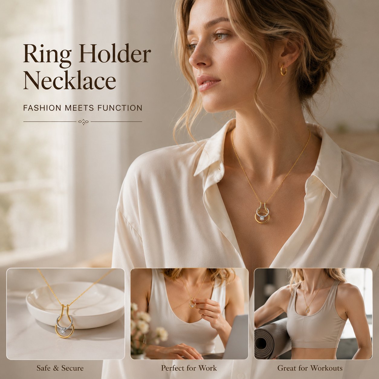 Ring holder necklace shown for daily work, fitness, shower and home use