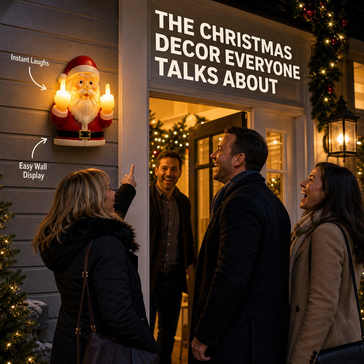Adults laughing at the glowing Santa holiday decoration