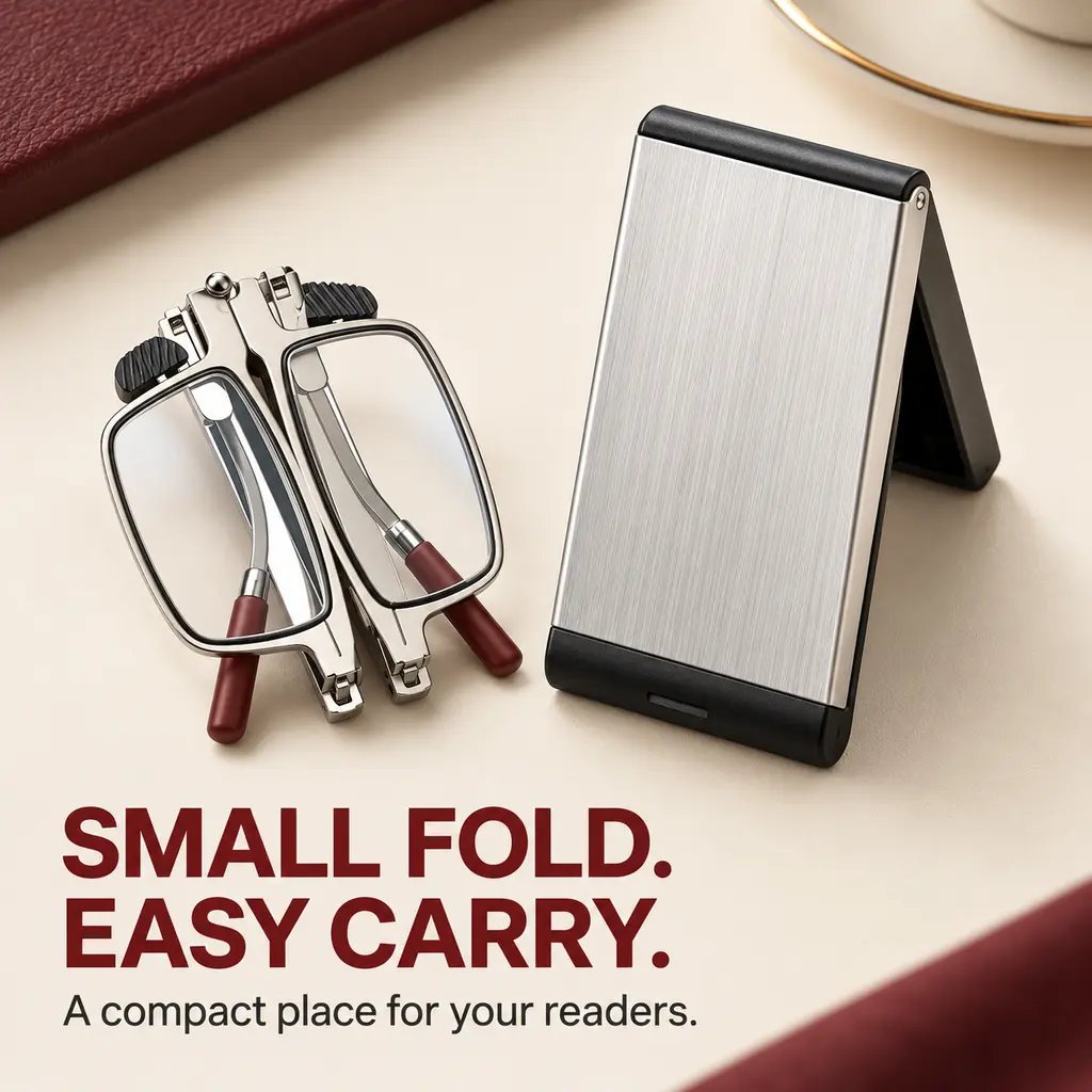 Compact folded glasses beside their silver storage case