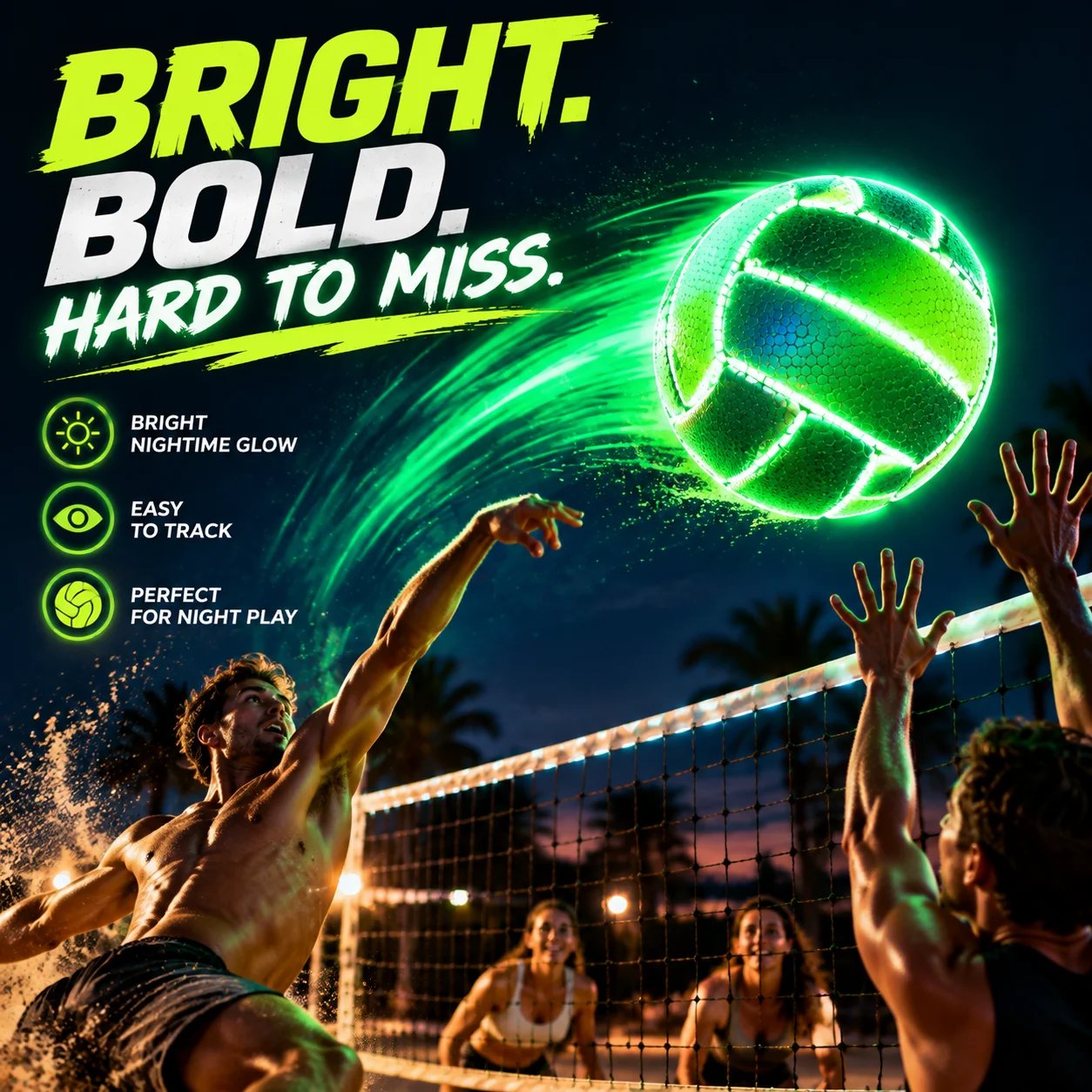 Bright glowing volleyball flying through the air during a night game