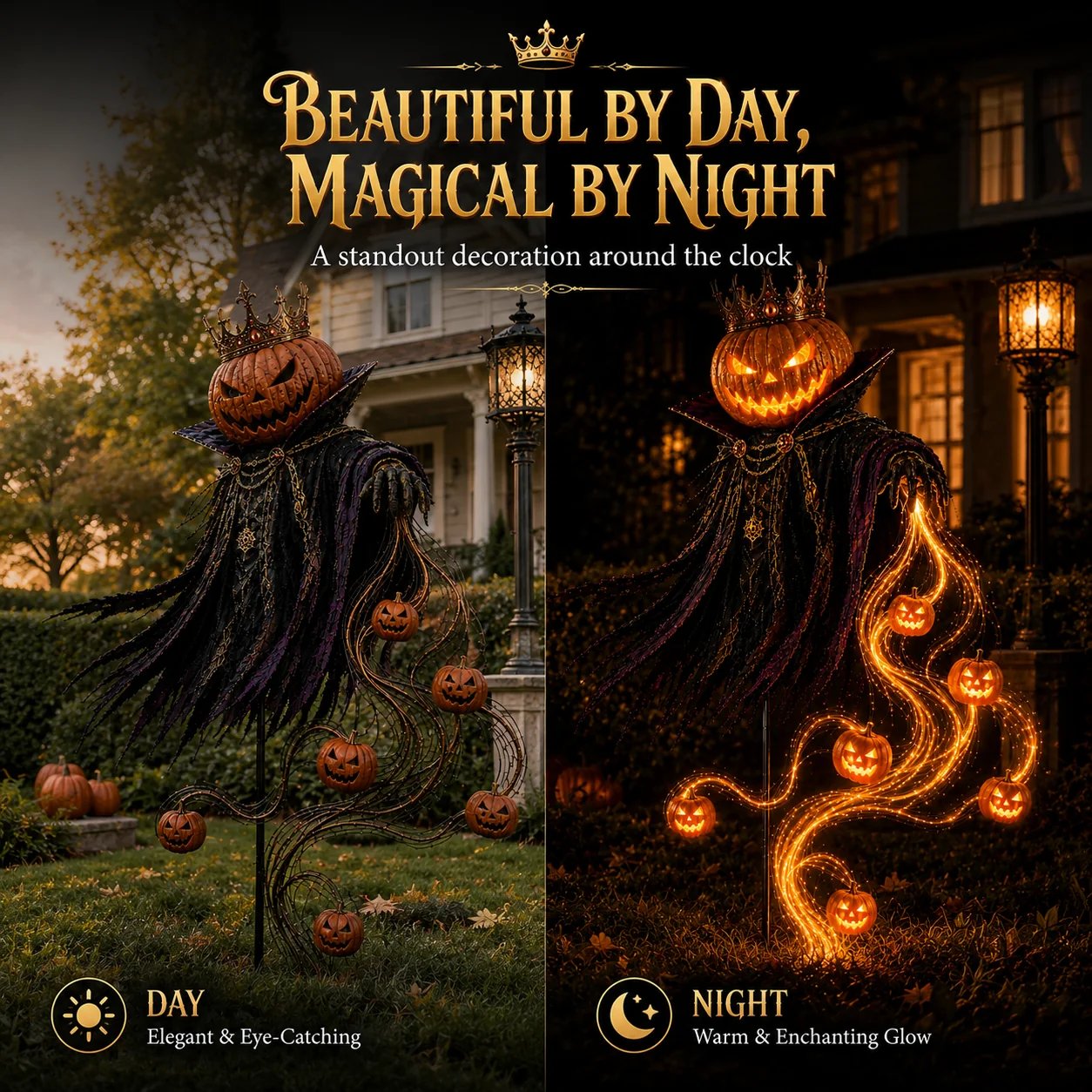Pumpkin King garden decoration shown during daylight and illuminated at night