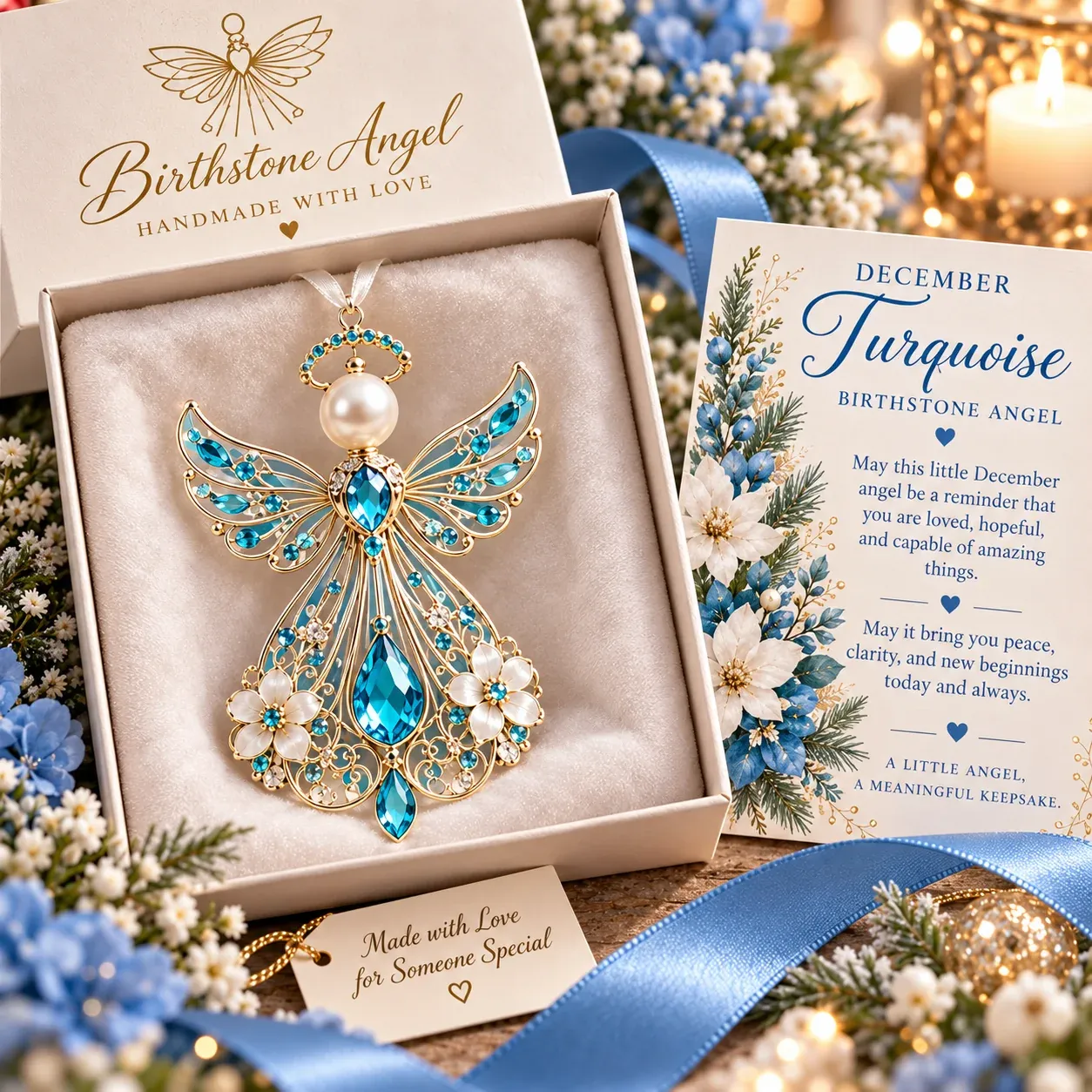 December guardian angel with turquoise blue-inspired accents