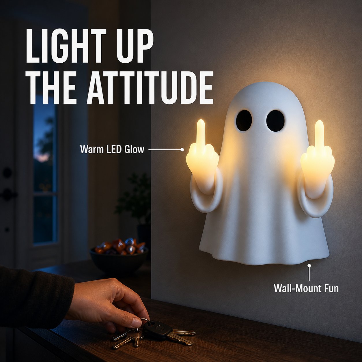 Double middle-finger ghost night light in a moody home entryway