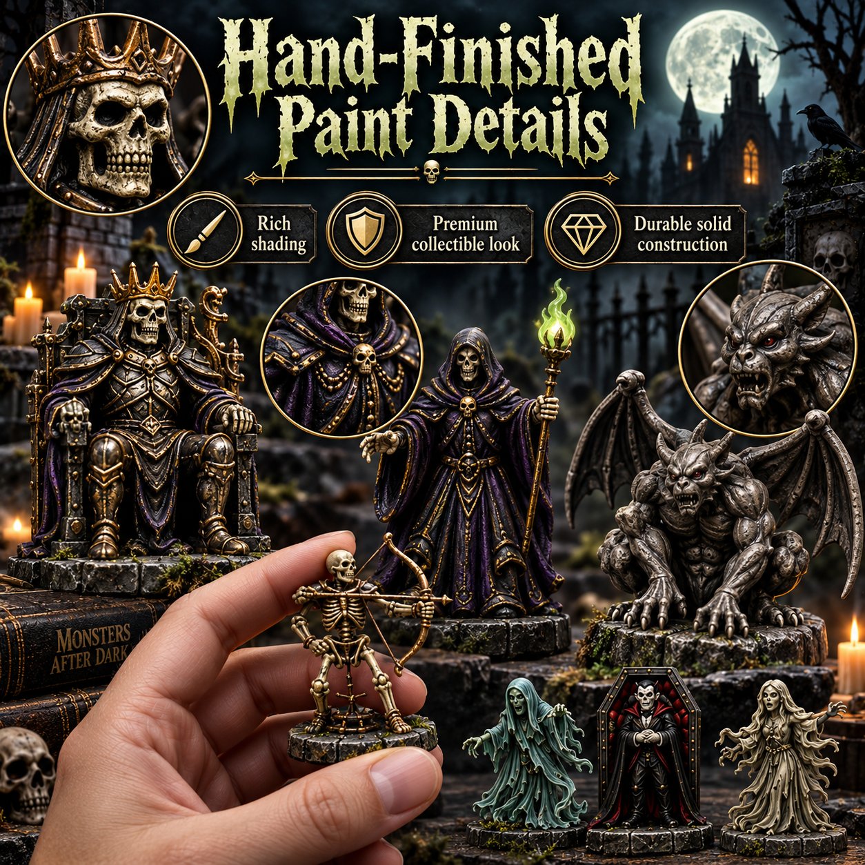 Close-up details of painted monster figures, including a skeleton held between fingers