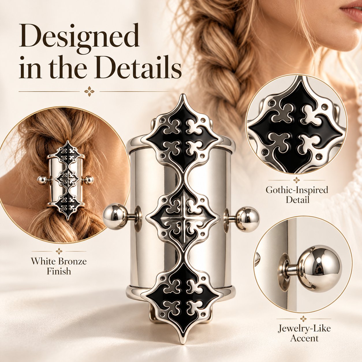 Handmade white bronze braid cuffs with pointed ornamentation and dark recessed detail